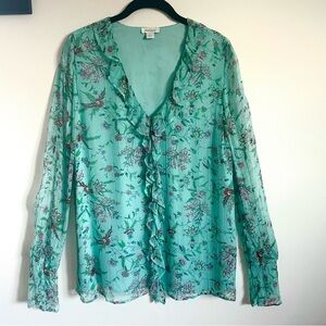 Sundance Floral Chiffon Long Sleeve Ruffle Blouse In Teal Green Blue Size S EUC